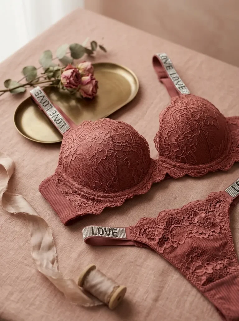 Still-life flat lay of delicate French lace knickers and a matching bra in a muted rosewood color, resting on a warm blush background.
