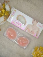 Flat lay of the Xelxia reusable invisible silicone bra in its protective packaging.